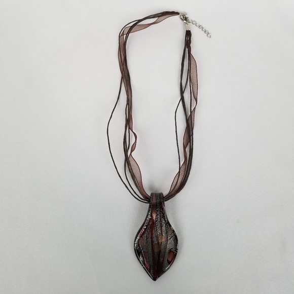 Dichroic Art Glass Leaf Shaped Pendant Necklace Multi Strand Ribbon Cord 17" 18" - Picture 3 of 3